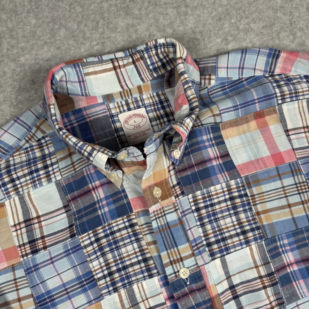 Brooks Brothers 346 Mens Shirt Button Down Patchwork Madras Blue Plaid Large